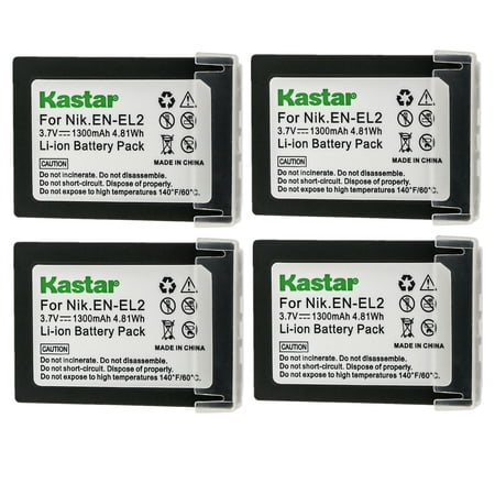 Kastar 4-Pack EN-EL2 Battery 3.7V 1300mAh Replacement for Nikon EN-EL2 ENEL2 EL2 Battery Nikon MH-60 Charger Nikon Coolpix 2500 Nikon Coolpix 3500 Nikon Coolpix SQ500 Digital Cameras