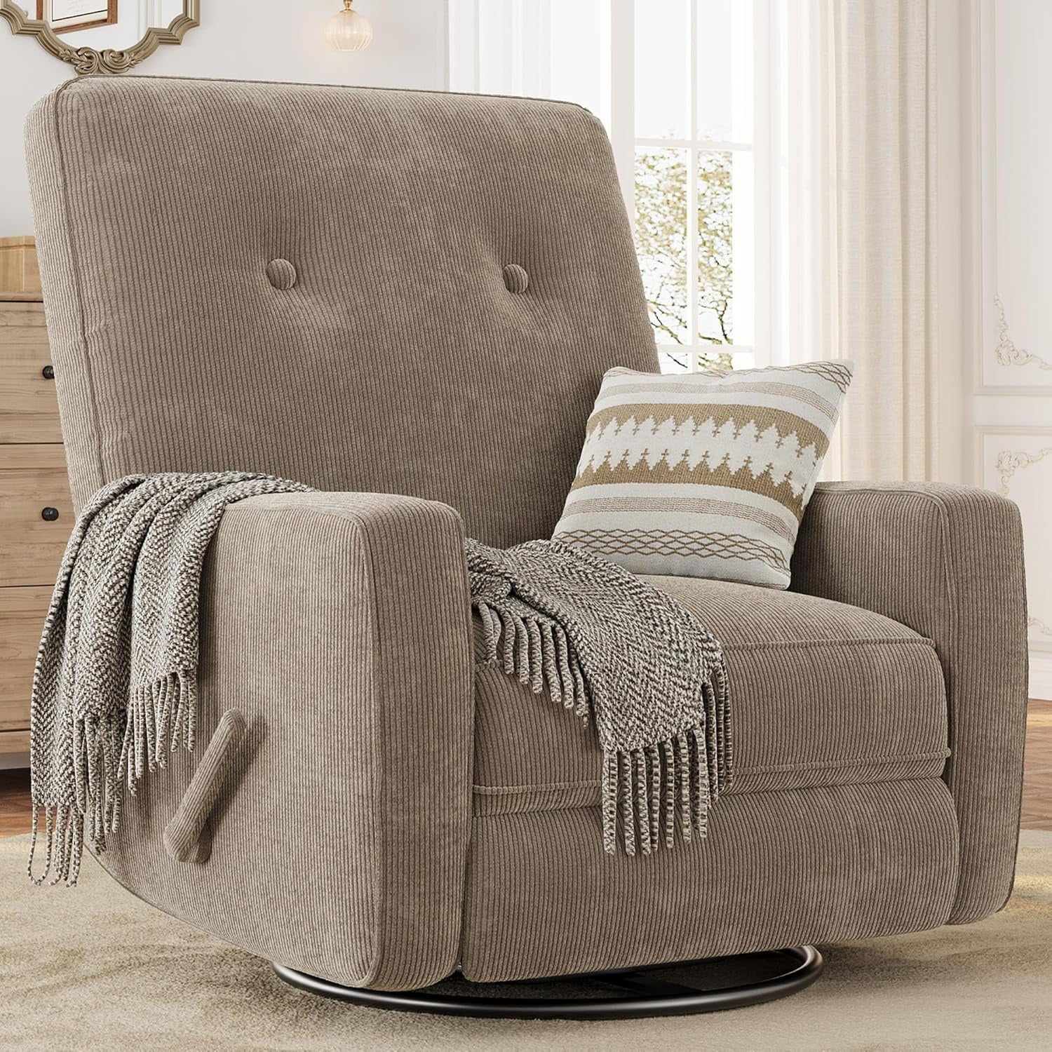 Modern Swivel Glider Recliner for Nursery & Small Spaces 360° Rocking Chair with Adjustable Lumbar Support & Footrest | Corduroy Upholstery for Apartment Living Room & Bedroom