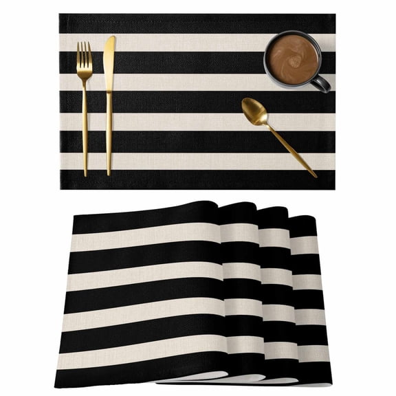 Black Beige Striped Placemats Set of 4, Cotton Linen Fabric Place Mats, Vintage Geometric Line Simple Washable Decorative Table Mats Protector for Home Kitchen Dining Wedding Party Coffee Tables