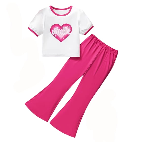 RMGVDSD Girls 2 Piece Summer Outfits Fashion Clothes For Girl Heart Print Short Sleeve Tops And Bell Bottom Pants School Casual Kids Clothing Sets 9-10 Years