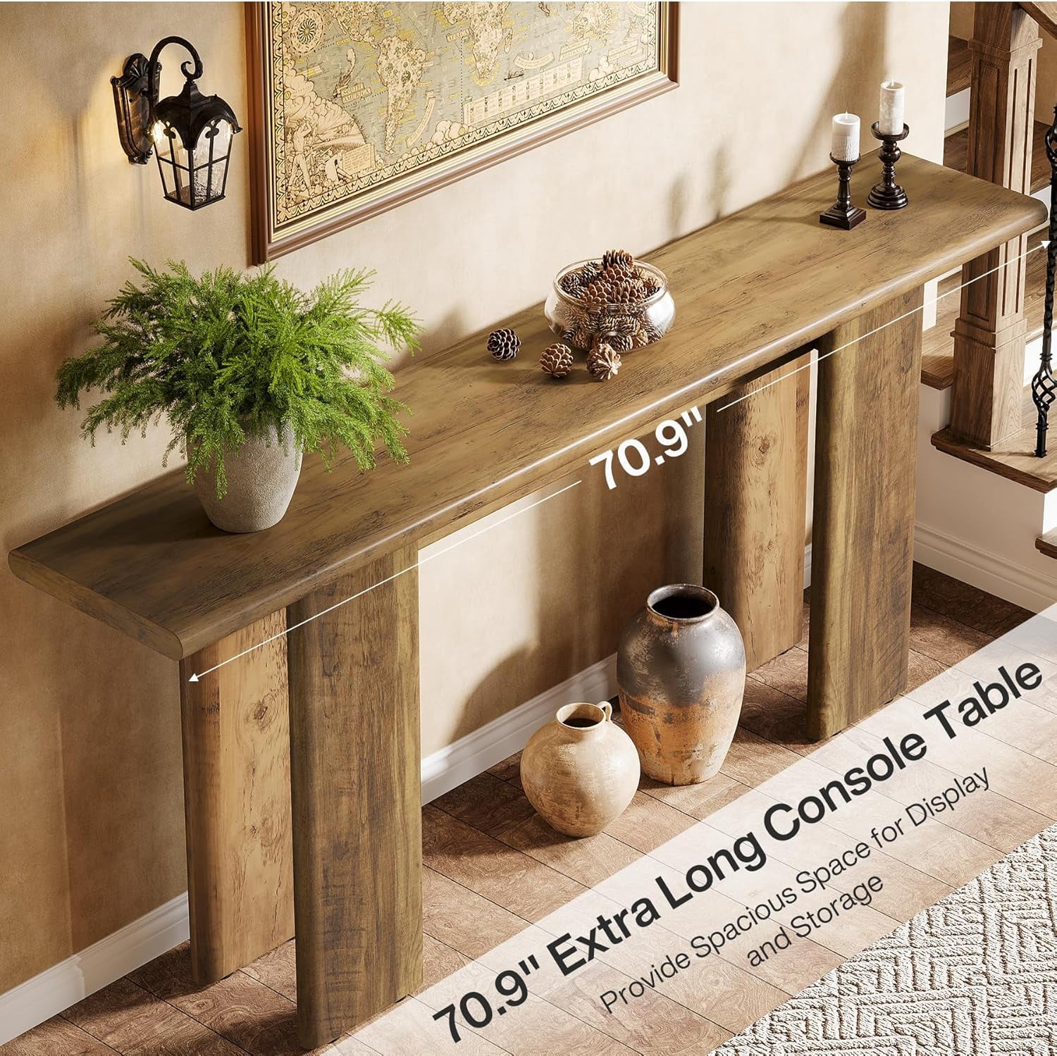 Finmind 70.87" Extra Long Console Table for Entryway, Mid-Century Modern Sofa Table Behind Couch for Entry, Entrance, Hallway, Living Room, Narrow Long, Brown