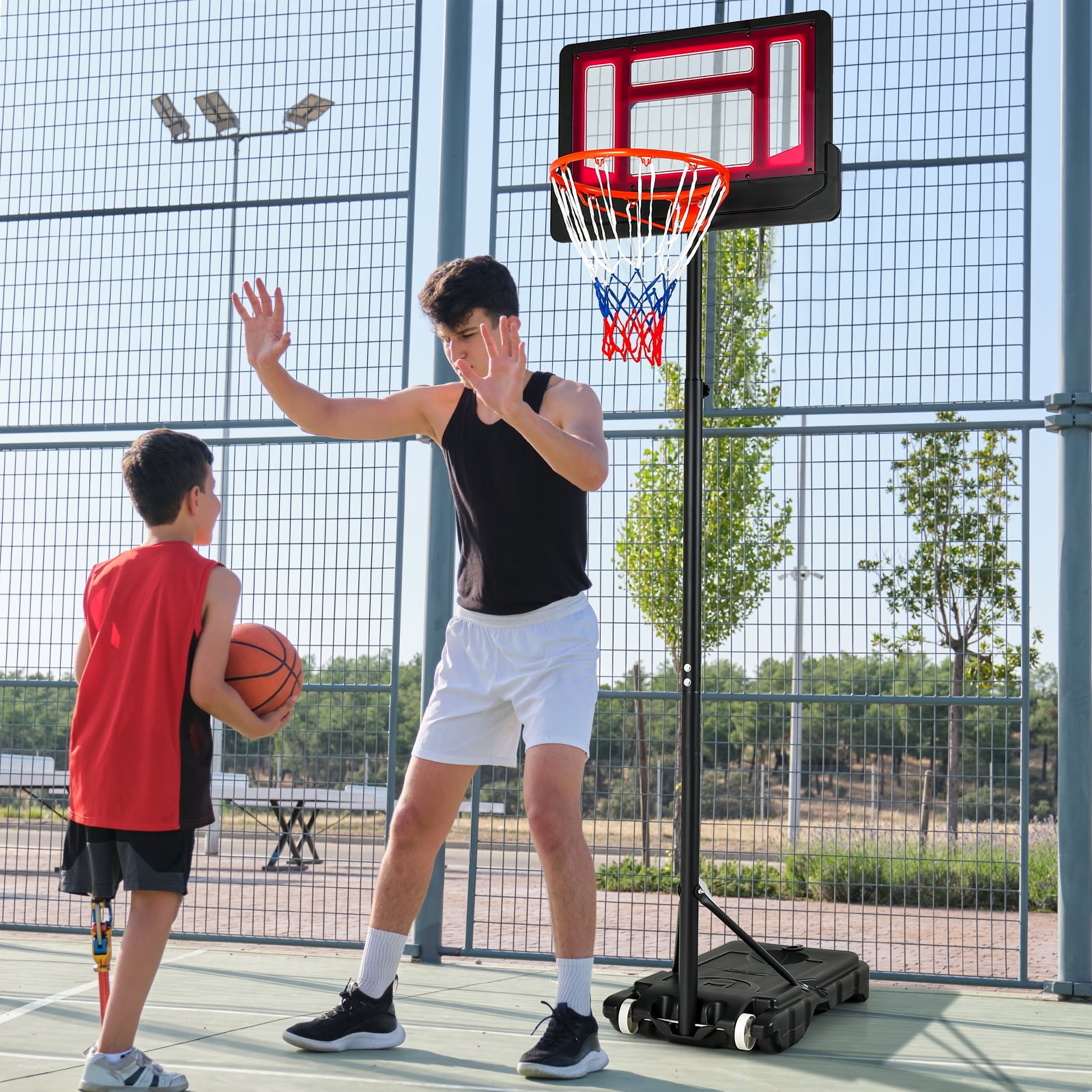 Topbuy Basketball Hoop Portable Basketball Stand with Rolling Wheels 4.3-8.2FT Adjustable Height PE Backboard Fillable Base