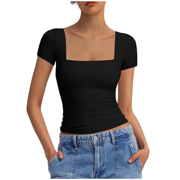 Ymauqau Crop Tops for Women Trendy Short Sleeve Square Neck Solid Color Slim T-Shirts Tight Tee Blouses Going out Tops