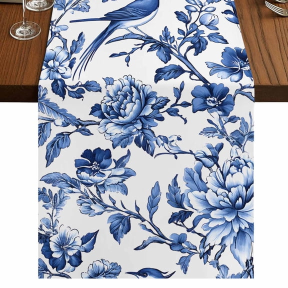 Blue Spring Floral 72 Inch Table Runner, Summer Botanical Bird Farmhouse Dresser Scarf Cotton & Linen Tablerunner for Dining/Kitchen Island/Holiday Party Décor 13" x 72"