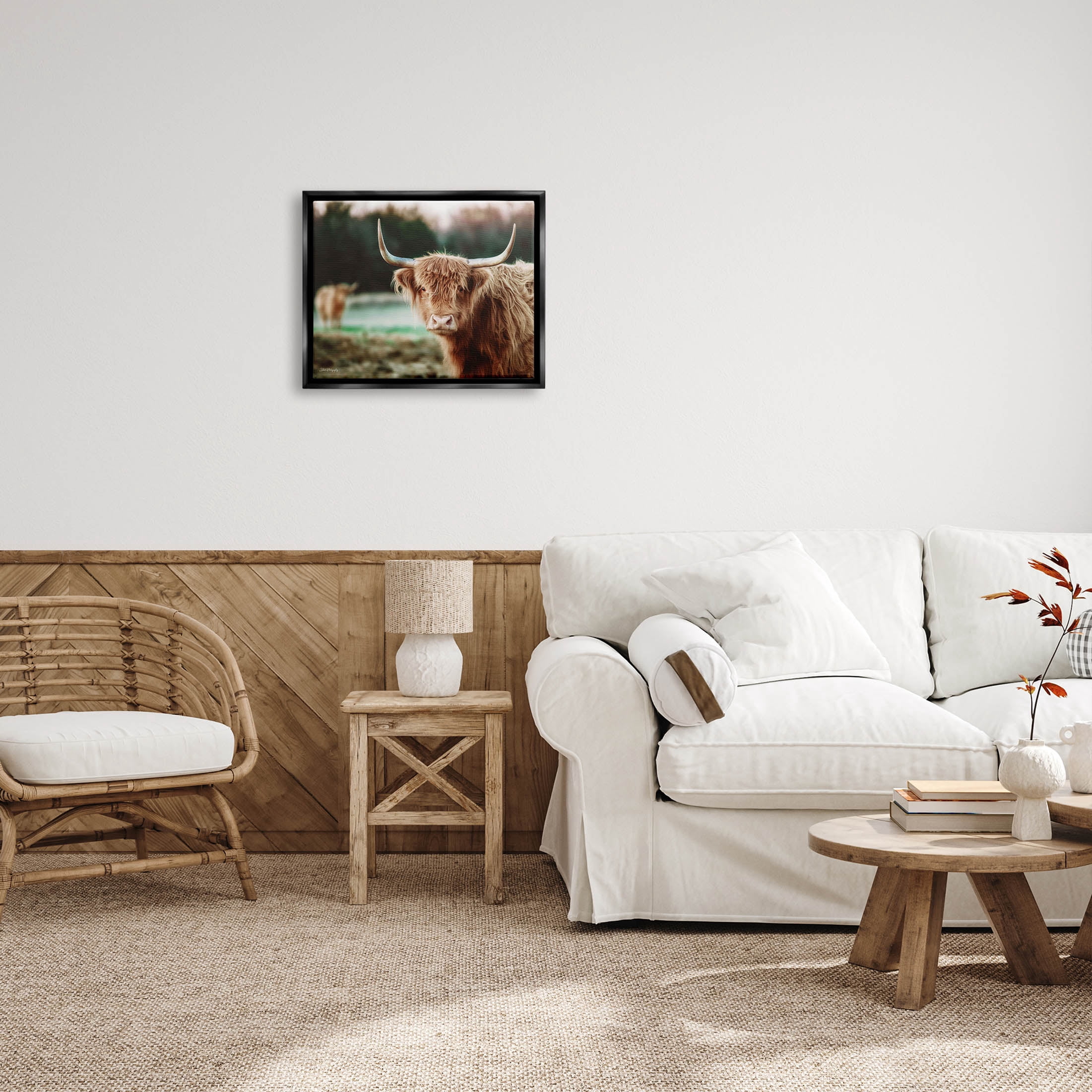 Stupell Industries Highland Cattle Gazing Photography Photograph Jet Black Floating Framed Canvas Print Wall Art, Design by Dakota Diener