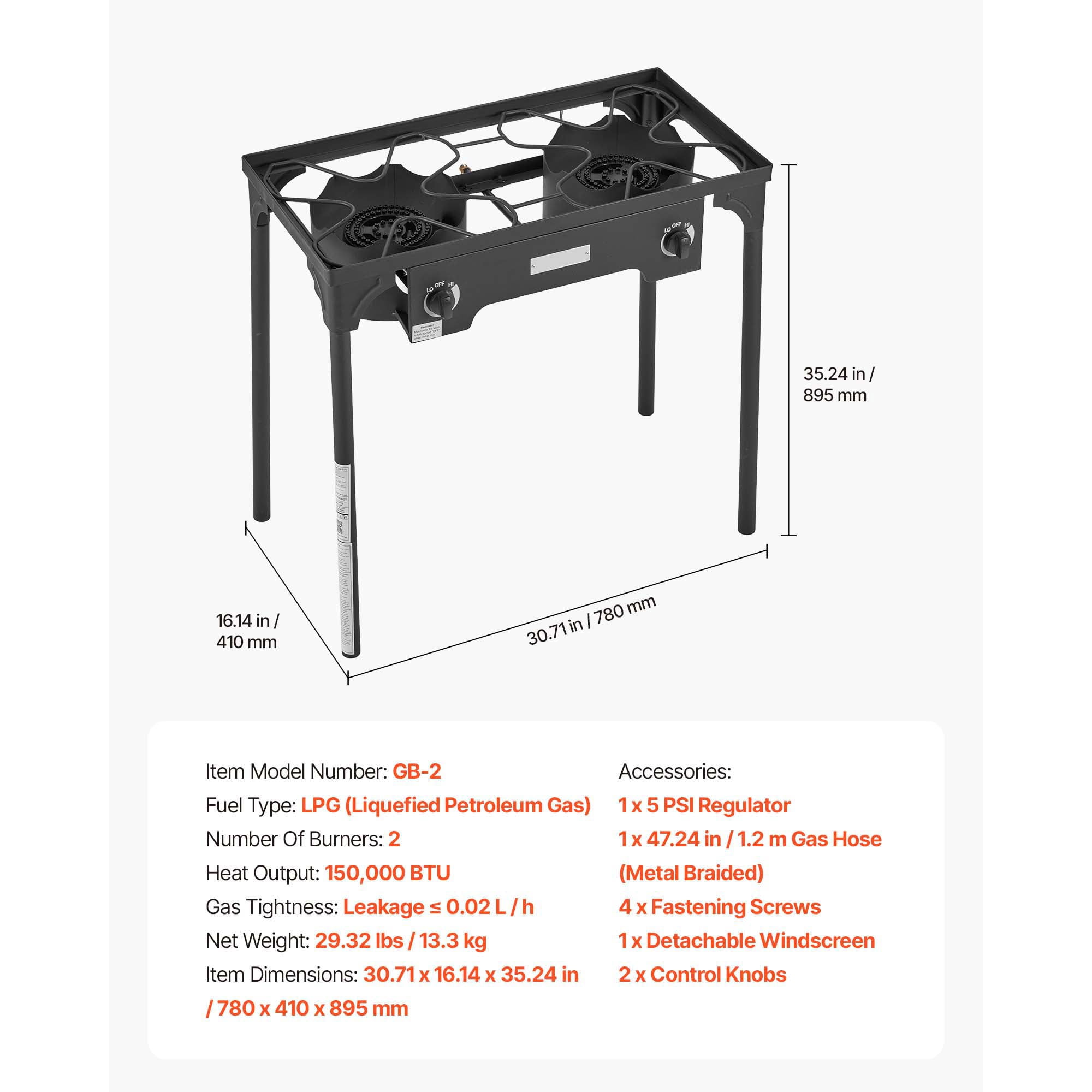 KFFKFF 2 Burner Outdoor Propane Gas Stove, 150,000 BTU LPG Camping Cooker, Durable Carbon Steel with Wind Shield, Tall Stand & Regulator, Ideal for BBQ, Camping, Patio, and Backyard Use