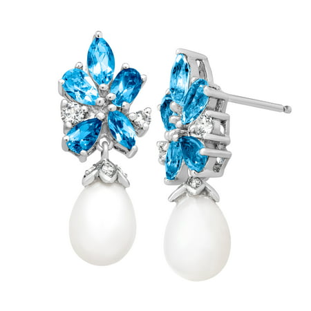 2 1/4 ct Natural Swiss, White, Sky Blue Topaz and 10X8 mm Freshwater Pearl Drop Earrings in Sterling Silver