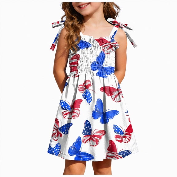 TOWED22 Girls July 4th Dress Red White Blue Star Toddler Patriotic Outfit American Flag Sundress(Blue,5-6 Y)