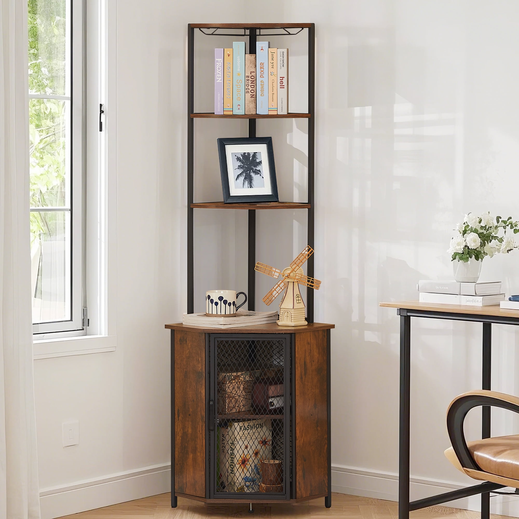 VECELO 6-Tier Corner Shelf with Storage Cabinet, Rustic Corner Bookshelf Stand Storage Rack Plant Stand for Living Room, Home Office, Kitchen, Small Space, Brown