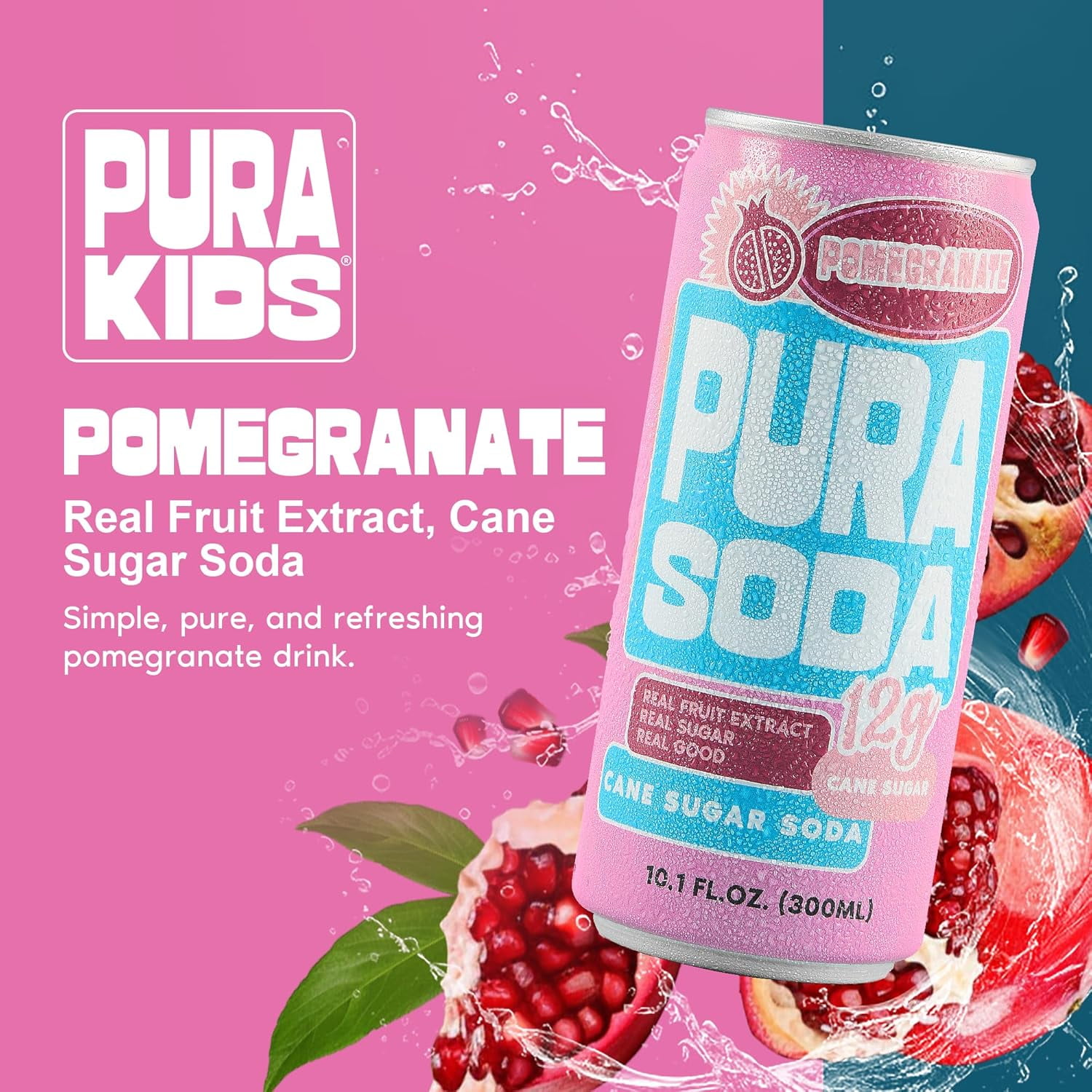 PuraSoda® Pomegranate | Low-Calorie, Cane Sugar Soda Beverage | Non-GMO, Vegan | Made with Pure Cane Sugar, No Preservatives | 10.1 fl oz (300ml) Cans, 24-Pack