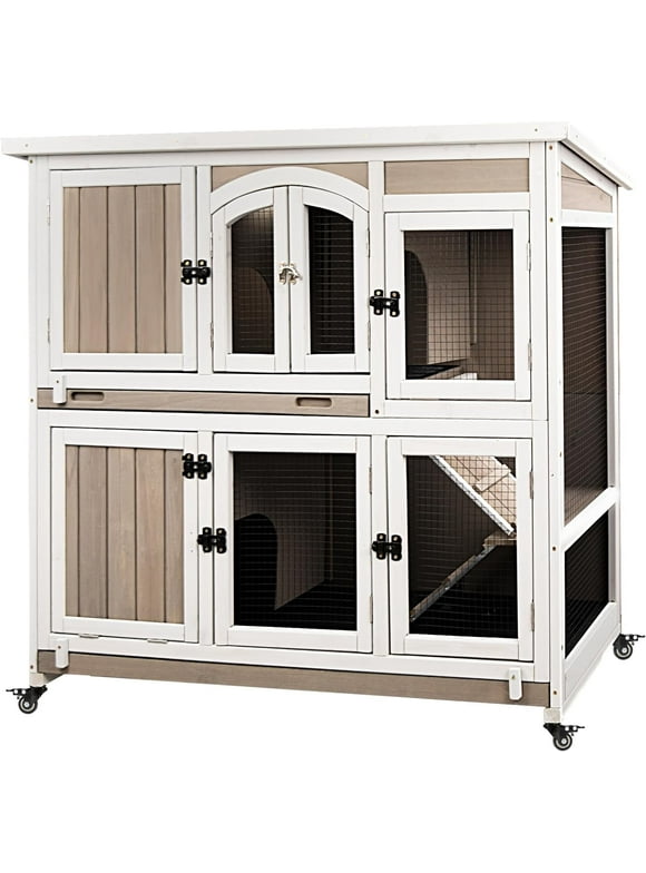 PETSCOSSET 47"L Rabbit Hutch Indoor Wooden 2 Story Rabbit Large Bunny Hutch Outdoor Bunny Cage on Wheels