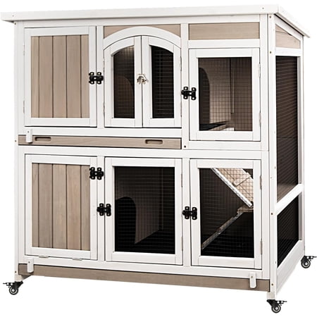 PETSCOSSET 47 L Rabbit Hutch Indoor Wooden 2 Story Rabbit Large Bunny Hutch Outdoor Bunny Cage on Wheels