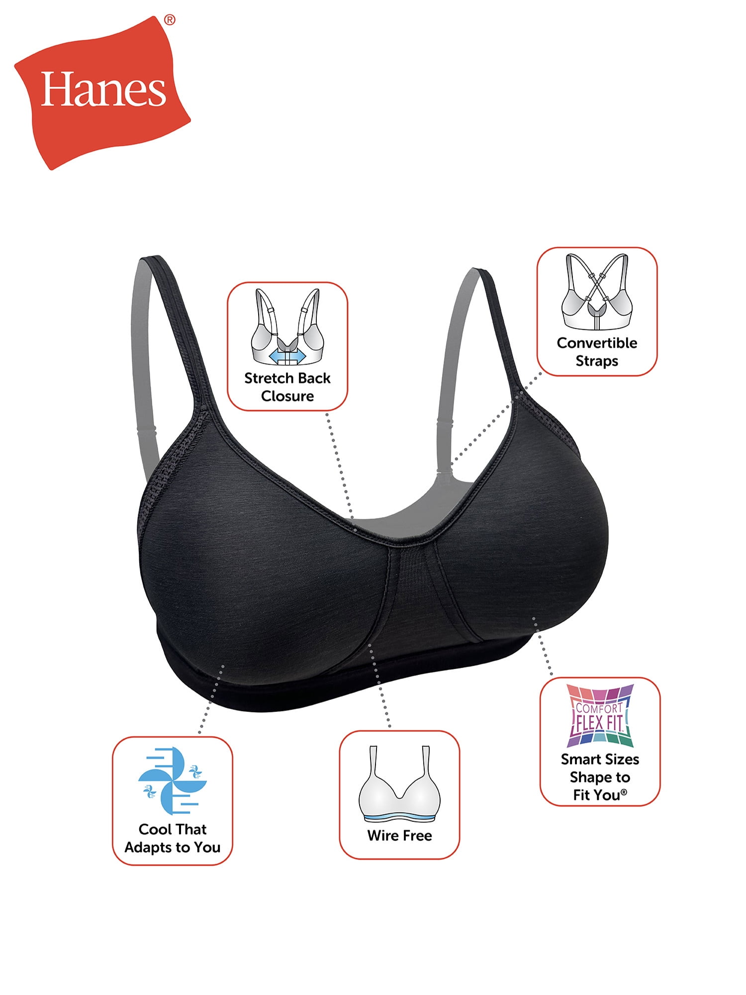 Hanes Womens Wireless T-Shirt Bra, Cooling Comfort Convertible Bra, Moisture-Wicking