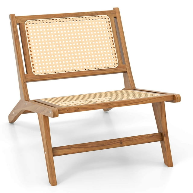 Costway Mid Century Modern Teak Wooden Chair with Handwoven Rattan Seat & Backrest