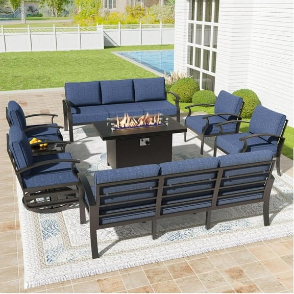 Gotland Aluminum Patio Furniture Set,8 Pieces 10 Seat Metal Outdoor Furniture Conversation Set w/45 Propane Gas Fire Pit&Swivels,Navy Blue