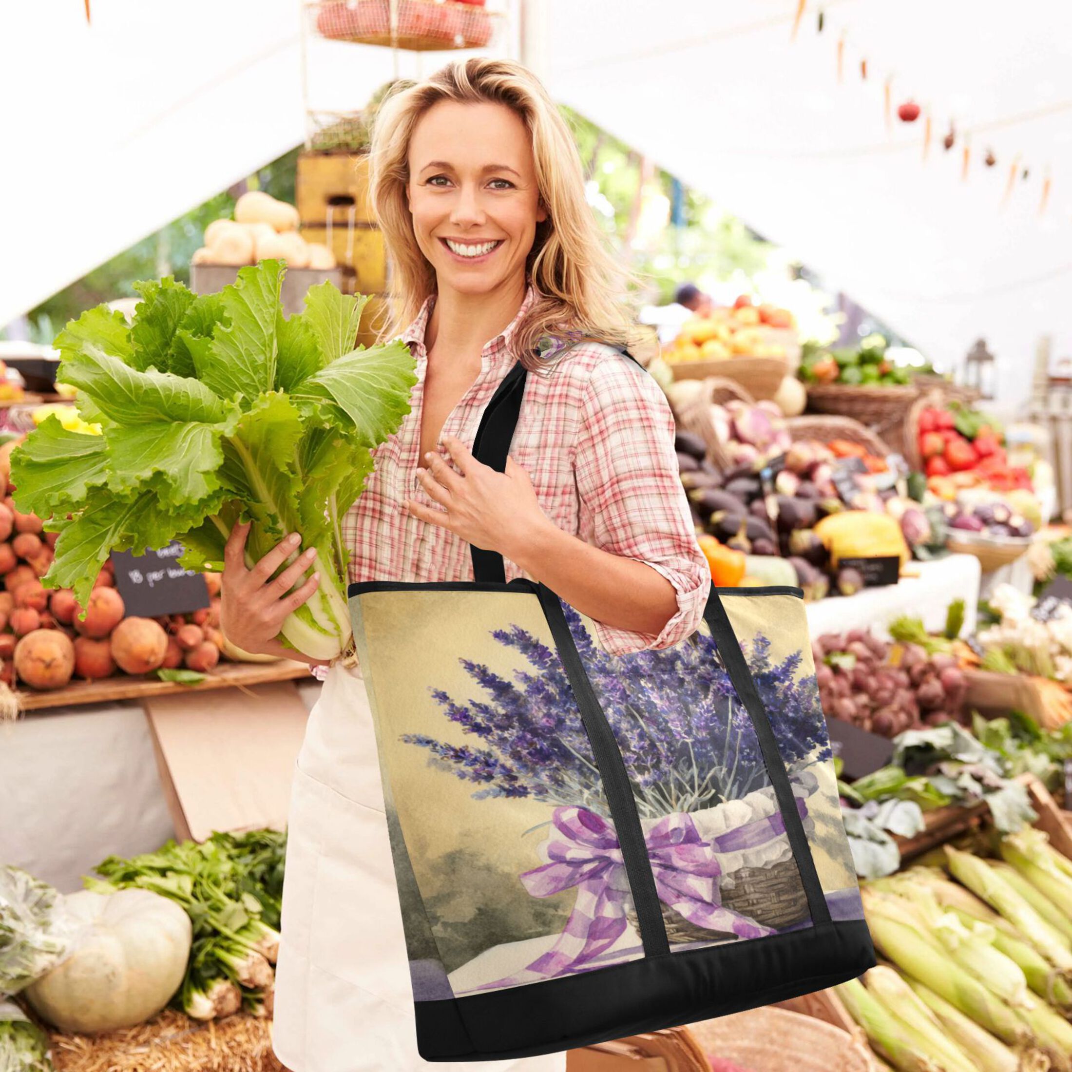 Extra-Large Wide Opening Design Capacity Hand-Held Ice Pack Thickened Insulation Layer For Long-Lasting Cold Retention For Outdoor Shopping Picnics And Camping A Basket Of Purple Lavender