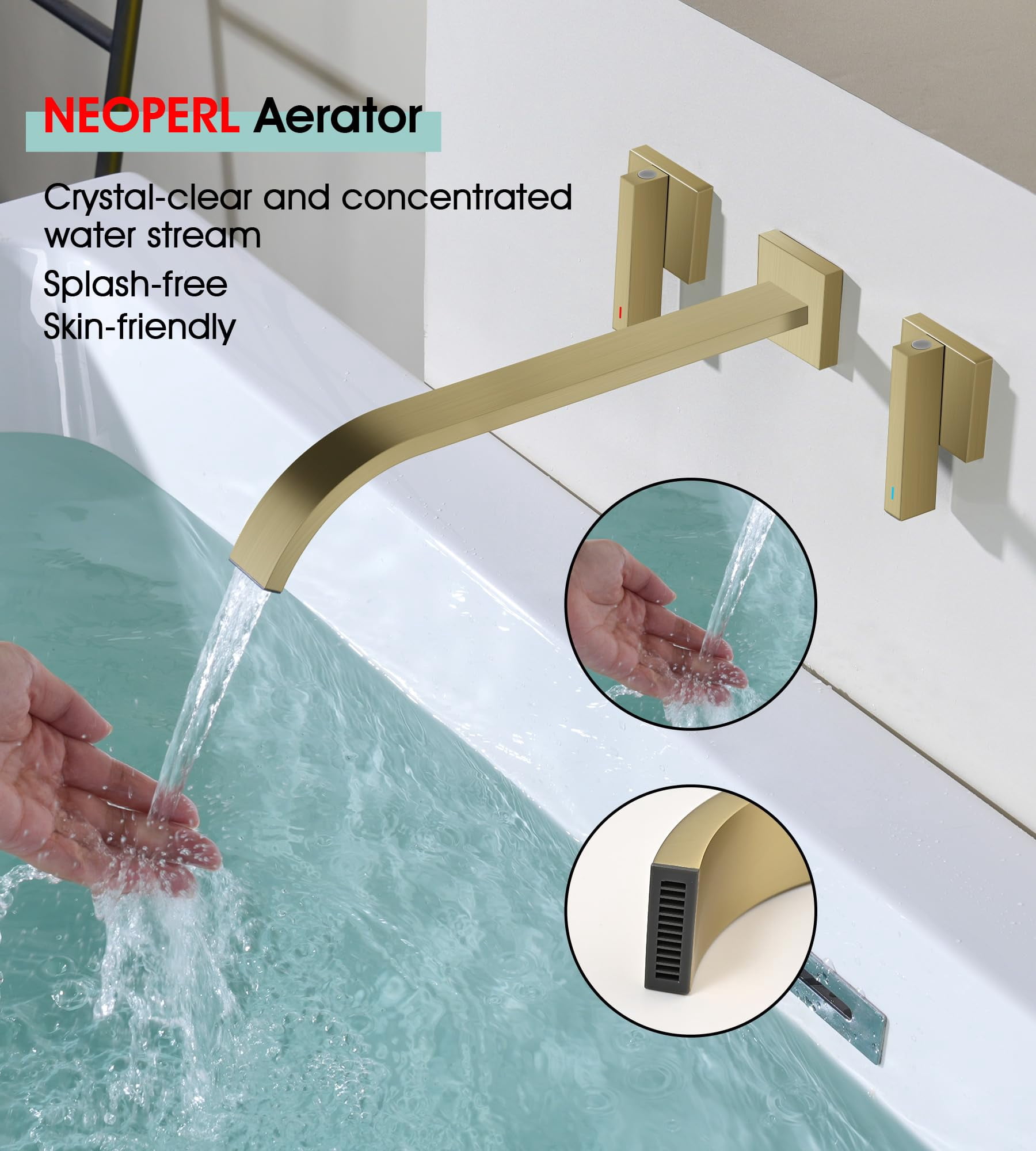 Wall Mount Tub Filler Brushed Gold Bathtub Faucet Long Spout 2 Level Handles