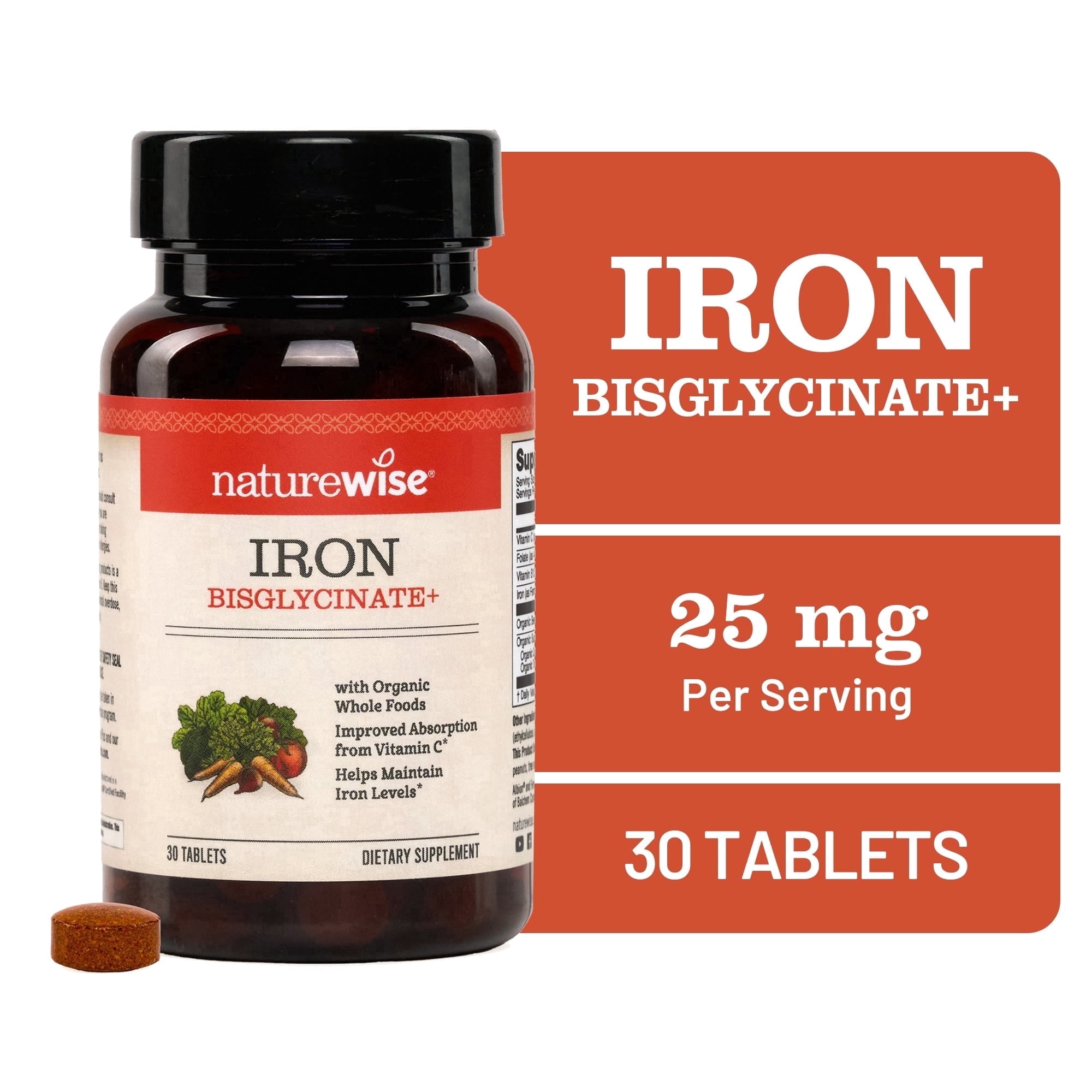 NatureWise Vegan Iron Supplement + Vitamin C, B12, Folate - 30 Tablets[30-Day Supply]