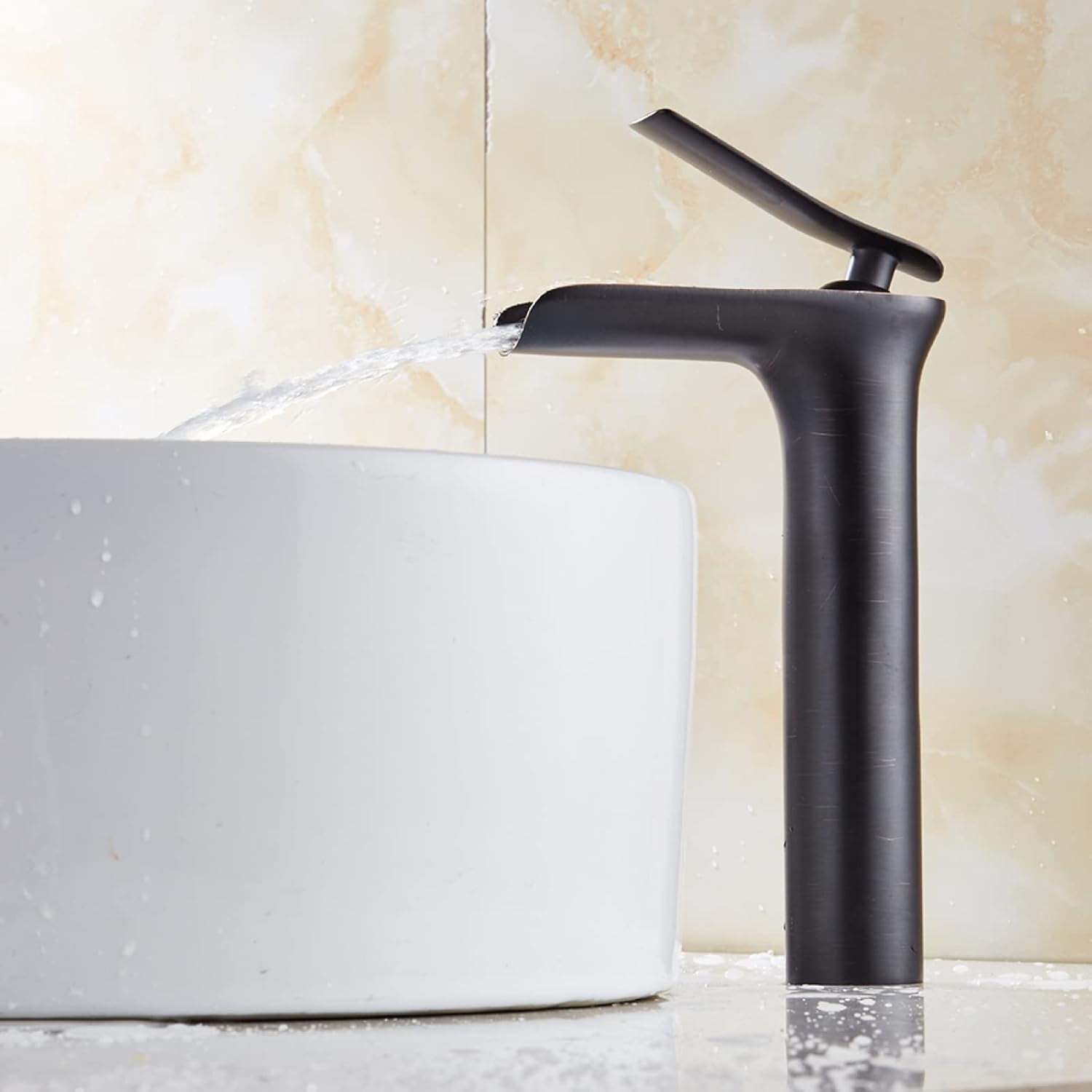 Waterfall Bathroom Faucet, Hot and Cold Sink Mixer Tap Faucet, Solid Brass, Waterfall Single Handle Bathroom Sink Faucet Tall, Black Silver