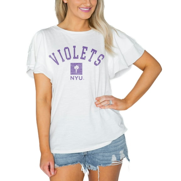 Women's Gameday Couture White NYU Violets Arch Logo Flutter Sleeve Lightweight T-Shirt