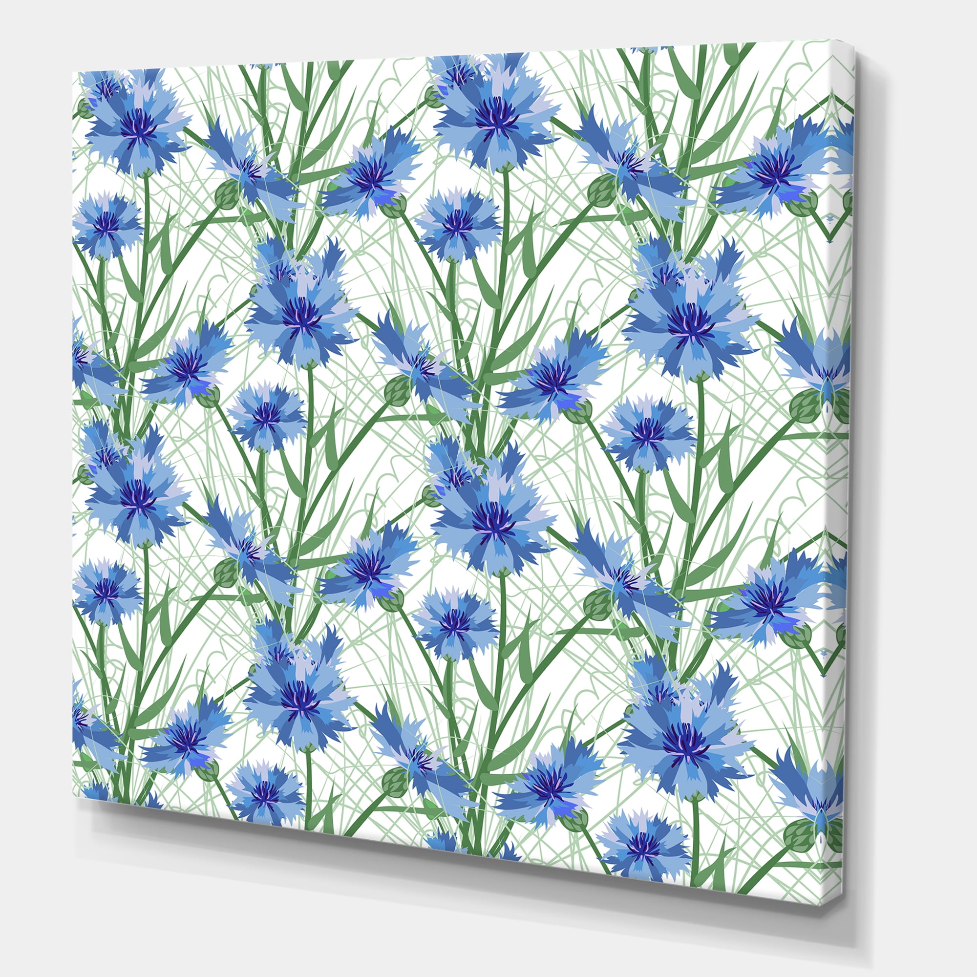 Designart ' Blue Cornflowers With Green Leaves On White I ' Traditional Canvas Wall Art Print
