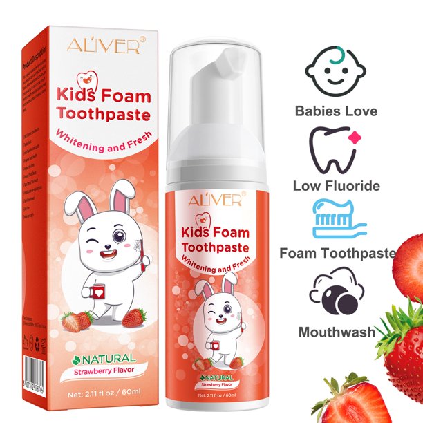 Aliver Kids Foam Toothpaste Strawberry, Mild Foaming Low Fluoride