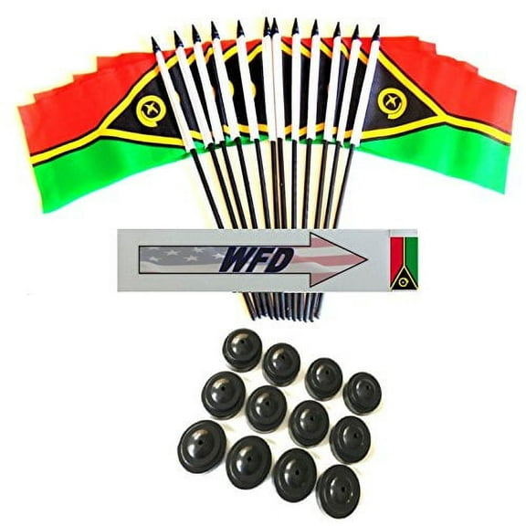 Pack of 12 4"x6" Vanuatu Polyester Miniature Office Desk & Little Table Flags, 1 Dozen 4"x 6" Vanuatu Small Mini Handheld Waving Stick Flags with 12 Flag Bases (Flags with Stands)