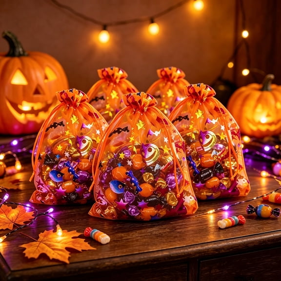 20pcs Halloween Mesh Drawstring Bags, Spooky Printed Favor Pouches for Candy, Snacks, Treats, Small Items, Party Supplies, Trick-or-Treat Events, Decorations, or Gift Packaging, Orange