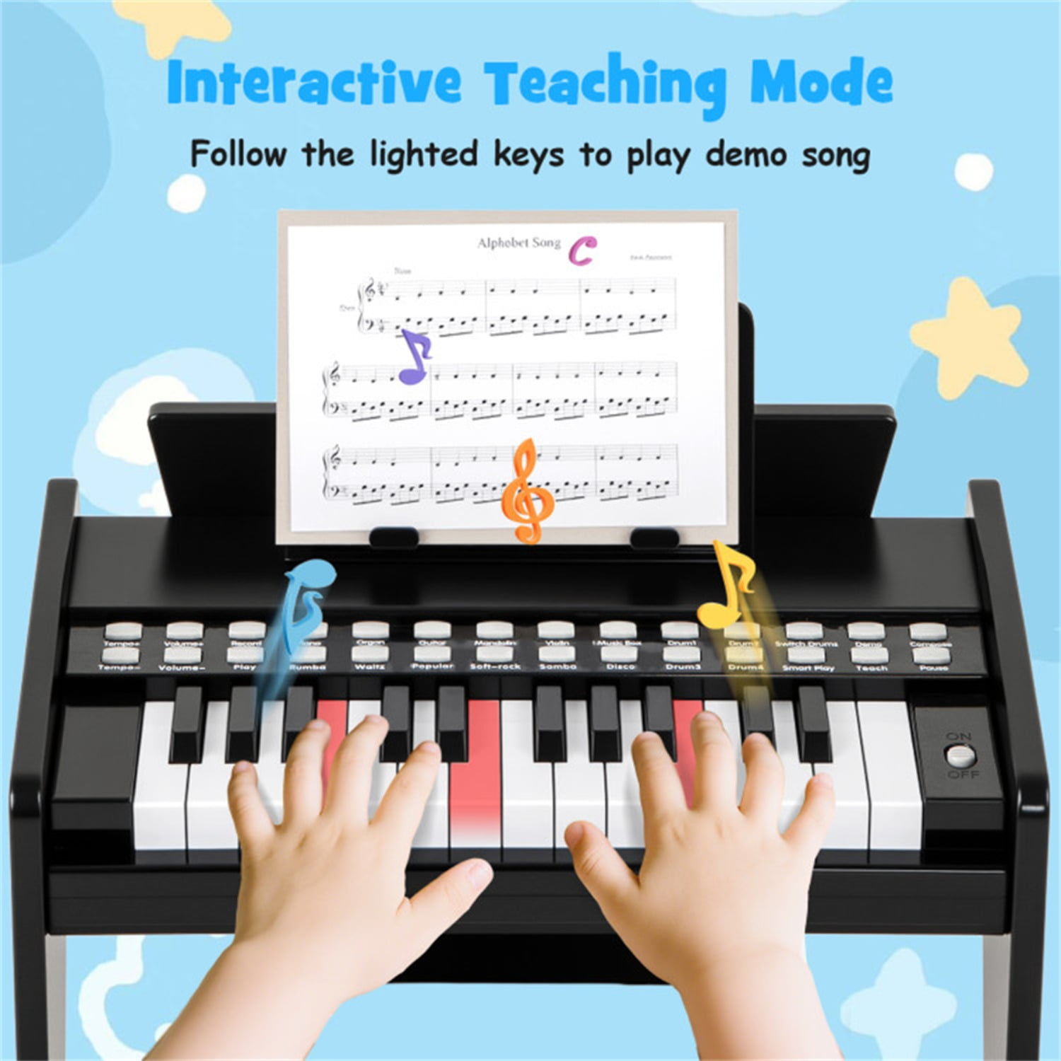 25 Keys Mini Digital Piano for Kids Age 3+, Lighted Teaching Mode with 6 Tones & 15 Demo Songs-Black