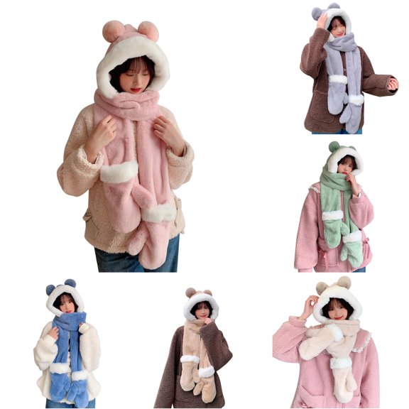 XIAOCHA Women's Plush Hooded Scarf‑Mitten Set Solid Outdoor Ski Fall Winter Handwear,Pink