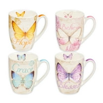Botanic Butterfly Blessings Coffee/Tea Mug Set w/Scripture  Teal Grace Butterfly, Purple Blessed Butterfly, Pink Believe Butterfly, Yellow Hope Butterfly, Microwave/Dishwasher Safe, Ceramic 12oz