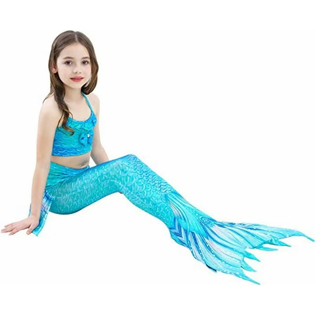 3 Pcs Girls Swimsuit Mermaid Tails for Swimming Princess Bikini Bathing Suit Set DH06 Blue 150