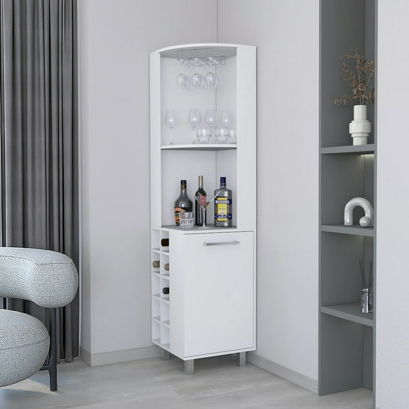 White Freestanding Bar Cabinet With Glass Holder & Wine Rack - 17.7 Inches Deep For Enhanced Storage Built-in And Wide Space Saving