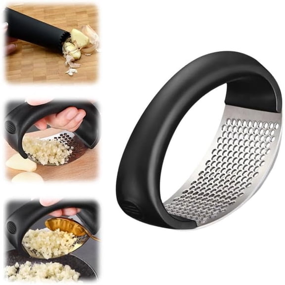 Stainless Steel Garlic Press, 2024 New Garlic Press Rocker Crusher Masher with Garlic Peeling Drum, Portable Manual Heavy Duty Garlic Mincer, Garlic Chopper for Household Kitchen Utensils(Black,1PCS)