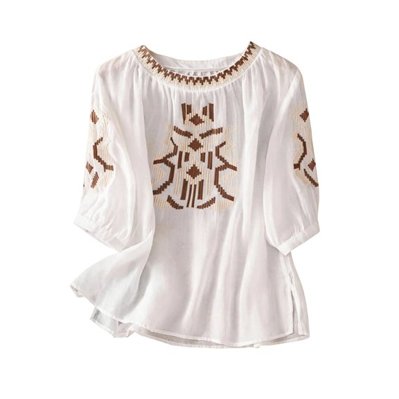 Kezqiaxn Plus Size Tops for Women Embroidery Half Sleeve Crew Neck Loose Shirts Business Casual Dressy Blouses