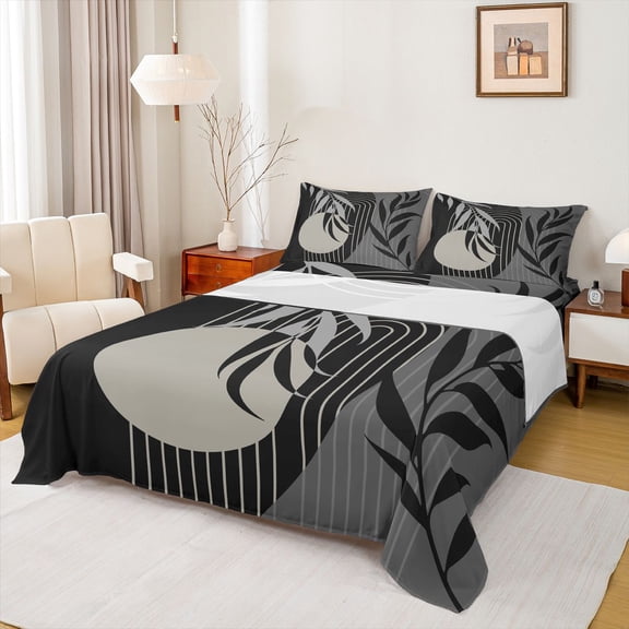 Homewish Tree Leaves Twin Sheet Sets 3pcs for Boys Girls,Minimalist Geometric Stripes Lines Twin Fitted Sheet Microfiber,Retro Vintage Aesthetic Breathable Flat Sheet,Super Cozy Room Decor