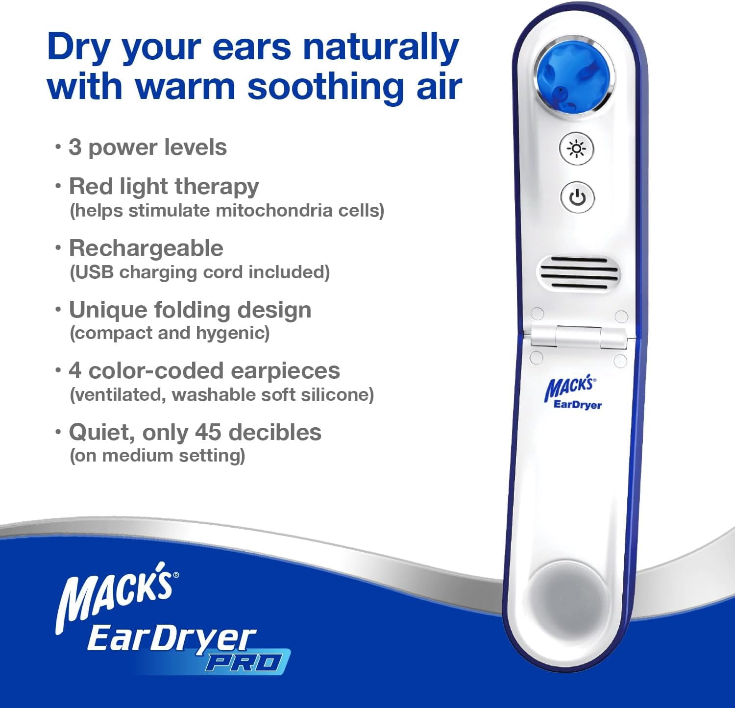 Mack's Ear Dryer PRO Rechargeable Warm Air Ear Water Drying Aid with Red Light Therapy and 3 Power Levels for Swimmers' Ears, Showering, Water Sports, Surfing, Scuba, and Hearing Aids