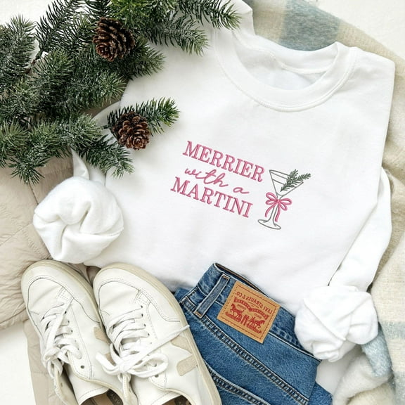 Merrier With A Martini Embroidered Crewneck Sweatshirt | Holiday Cocktail Crew | Christmas Spirits Sweatshirt | Gift For Her | G18EMWM1