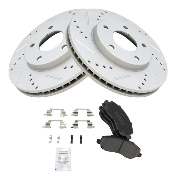 TRQ Brake Rotor Drilled Slotted Coated & Ceramic Pad Front Set Fits Select Chrysler