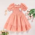 thumbnail image 2 of ZEHJUHAN Toddler Girls' Solid Color Bubble Sleeve A-Line Dress With Hand-Crocheted 3D Flower, Summer Tie Back Sundress for Vacation & Holidays, Pink，2Y, 2 of 7