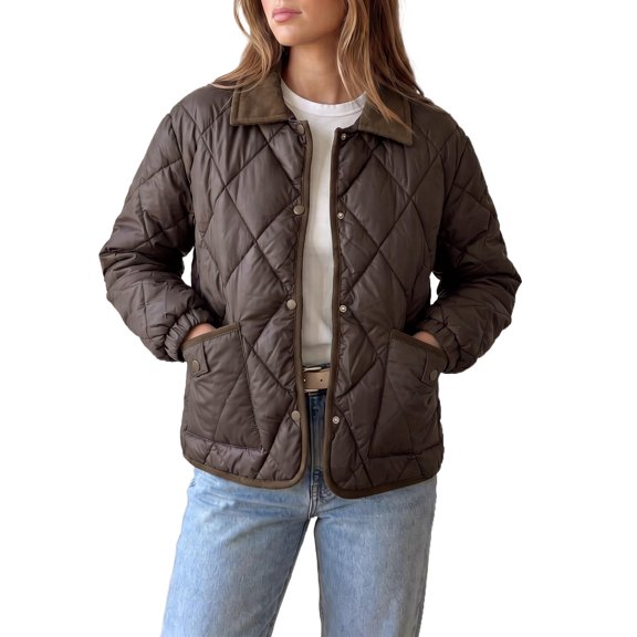 INSPIRE CHIC Women's Argyle Puffer Jacket Color Block Lapel Collar Button Down Medium Coffee