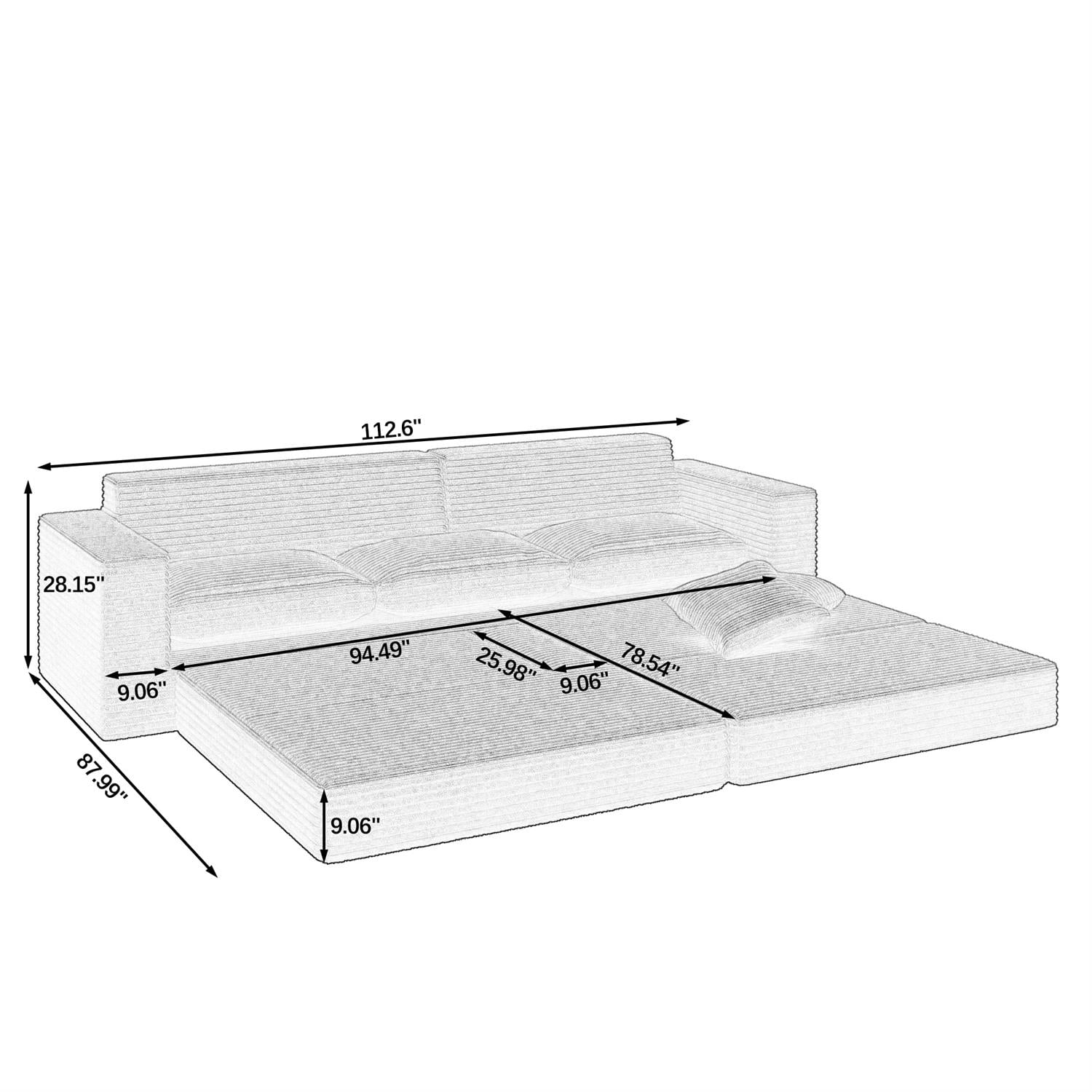 Demi Bonn 111" L Shaped Modular Sectional Sofa, Modern Corduroy Couch with Comfy Right Seat, Unfolds into Bed for Living Room, Gray
