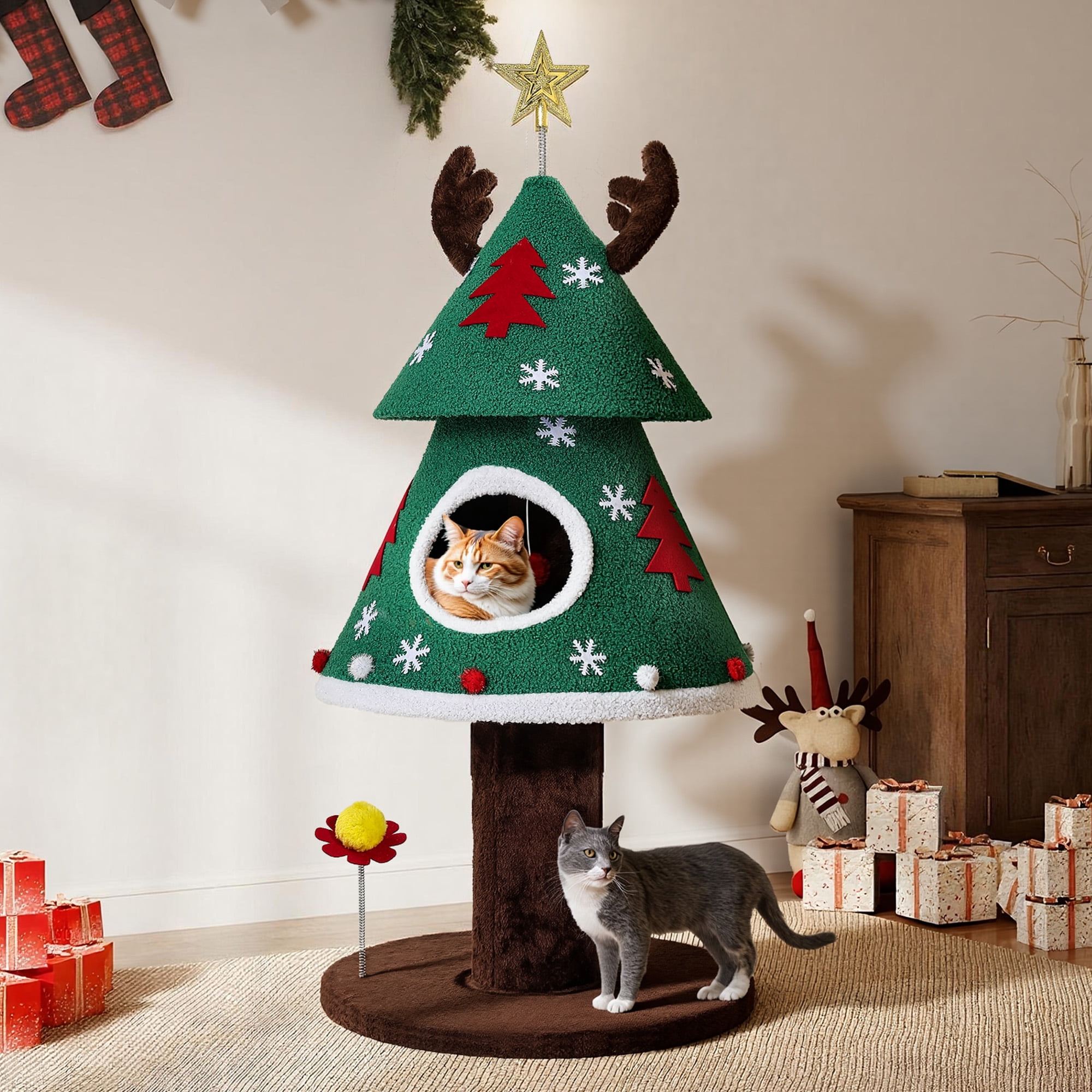 Uforic 47" Christmas Cat Tree Tower, Cat Condo with Teaser Ball, Green