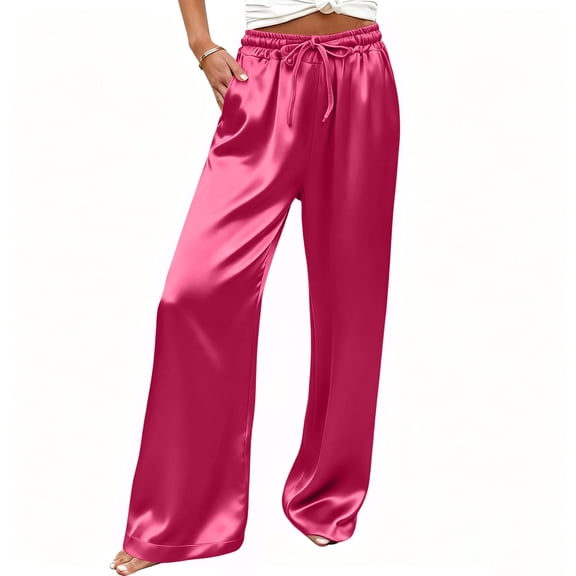 Plcasen Womens Silk Satin Pajama Pants Casual Loose Lounge Pants Drawstring Elastic Waist Wide Leg Pj Bottoms with Pockets