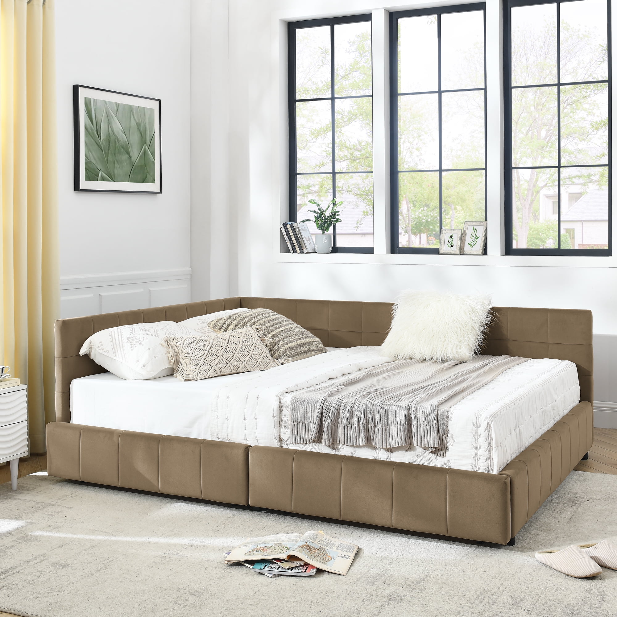 Queen Size Storage Upholstered Tufted Bed Frame, Sofa Bed Frame with Comfortable Backrest and Armrests, Queen Size Bed for Bedroom, Living Room,Velvet, BROWN(85.5''*64.5''*29.5'')