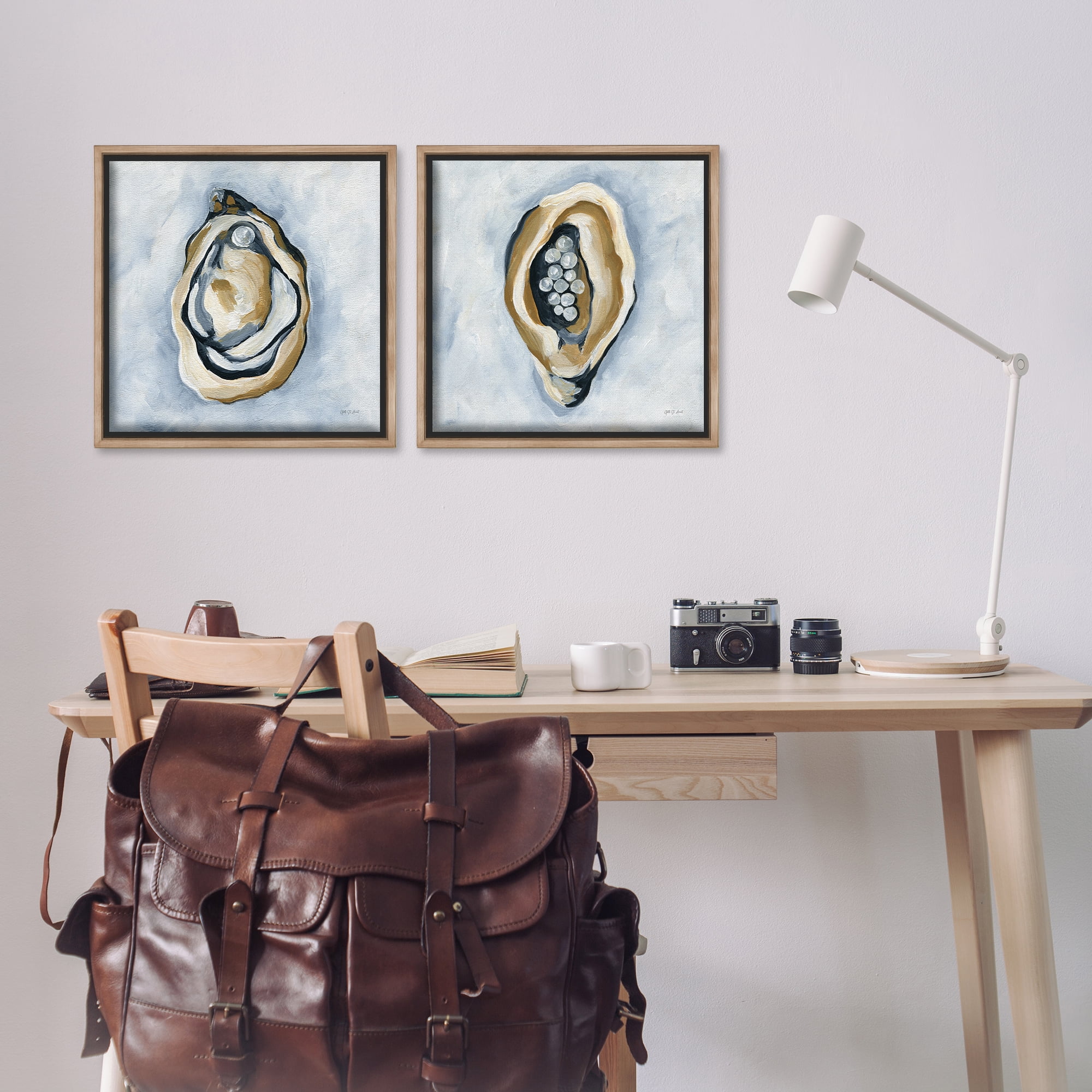 Stupell Industries Oyster with Pearls Nautical & Beach Painting Brown Floater Framed Canvas Art Print Wall Art, 18 x 18, Set of 2