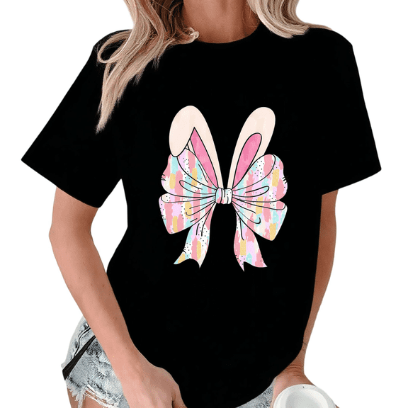 Black Easter Bunny Ears Pastel Bow T-Shirt Graphic Tees Shirts Easter Day Kawaii S-5XL Tops
