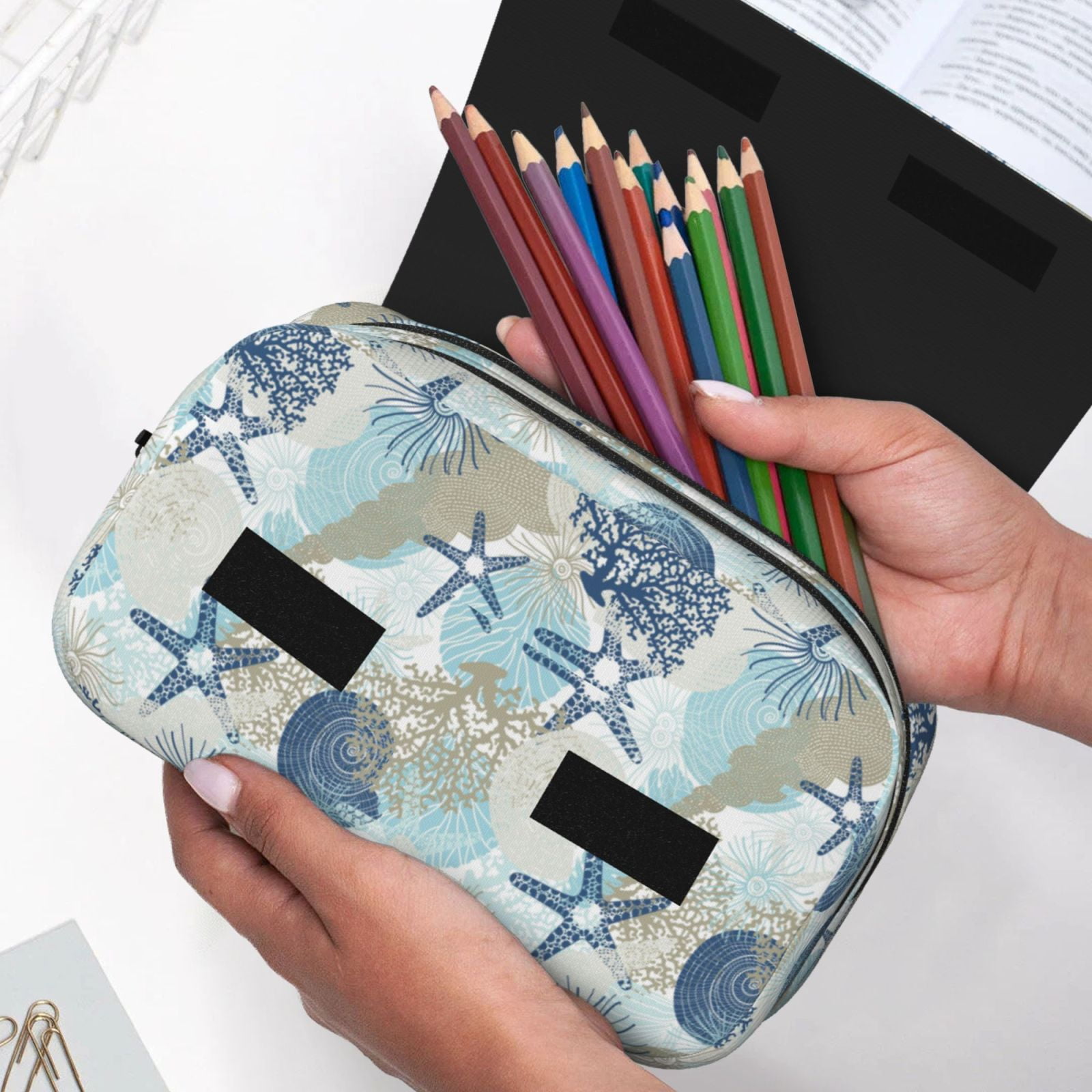 Rateoe Algae Corals and Seashells Pattern Double Clamshell Pen Case, Storage Organizer with Two Zipper Compartments– Holds Up to 50 Pencils & Pens