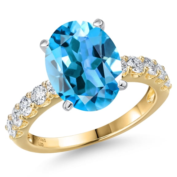 Gem Stone King 14K Two Tone Gold Swiss Blue Topaz and Lab Grown Diamond Engagement Ring for Women | 6.95 Cttw | Oval 12X10MM | Gemstone November Birthstone | Size 8