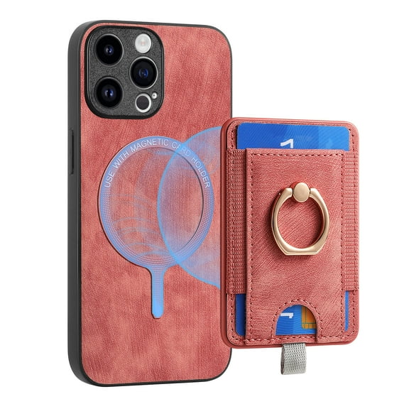 ELEHOLD Leather Case for iPhone 11 Pro Max Magnetic Detachable Card Holder Magnetic 2 in 1 Wallet Case with Ring Holder Kickstand Compatible with Mag Safe Shockproof Cover,pink